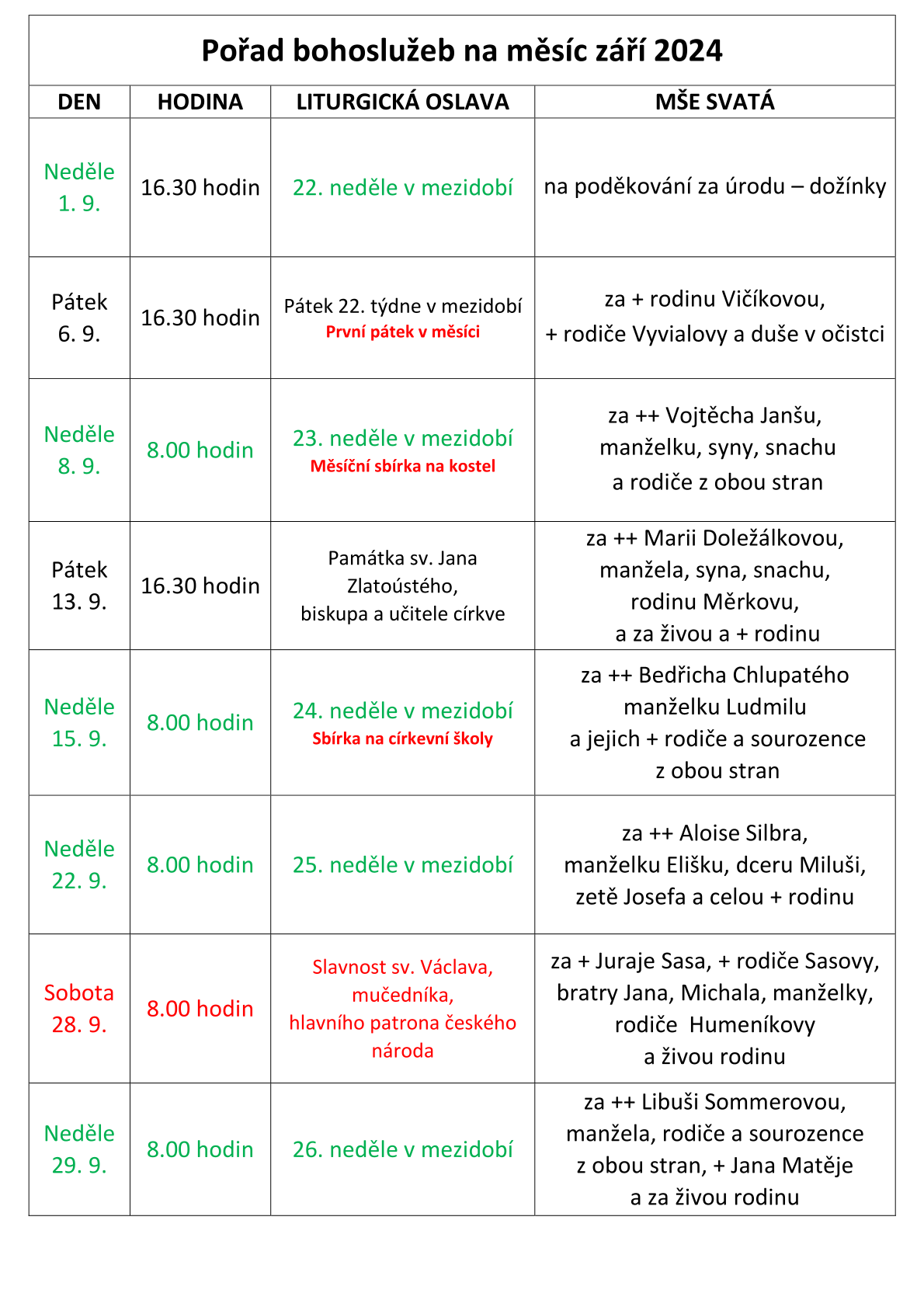 Pořad bohoslužeb na měsíc září 2024