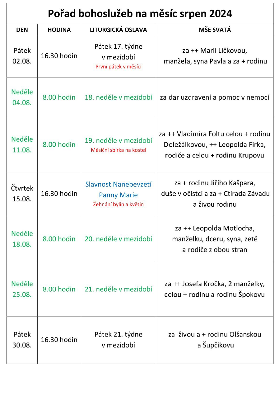 Pořad bohoslužeb na měsíc srpen 2024