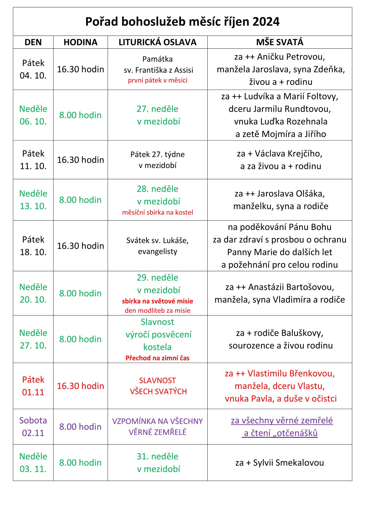 Pořad bohoslužeb na měsíc říjen 2024
