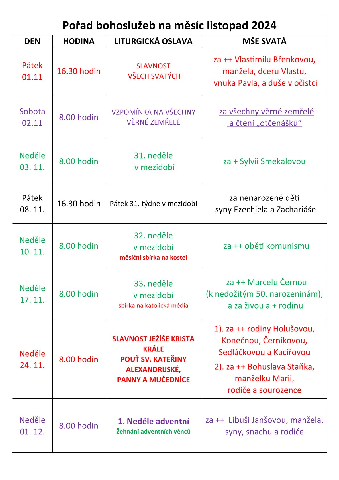 Pořad bohoslužeb na měsíc listopad 2024
