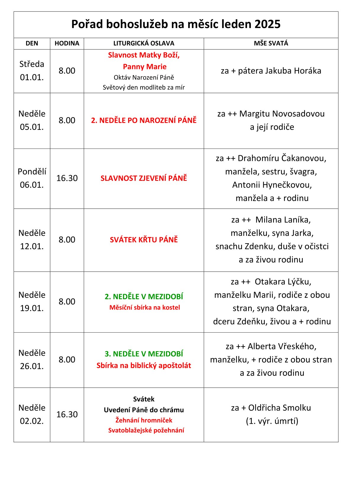 Pořad bohoslužeb na měsíc leden 2025