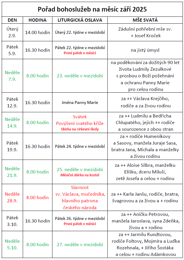 Pořad bohoslužeb na měsíc září 2025