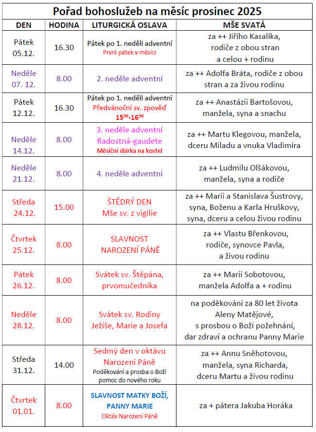 Pořad bohoslužeb na měsíc prosinec 2025