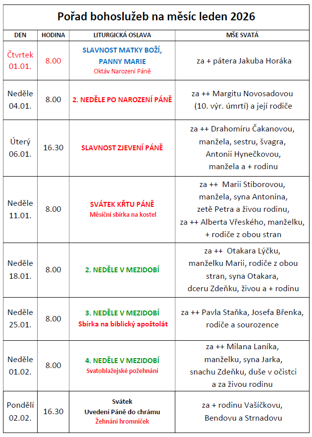 Pořad bohoslužeb na měsíc leden 2026