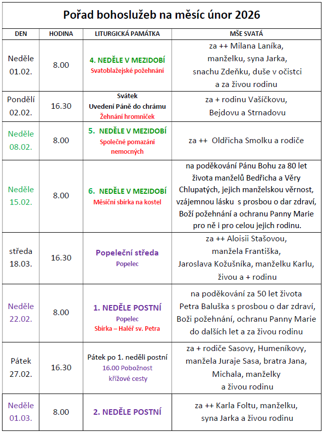 Pořad bohoslužeb na měsíc únor 2026