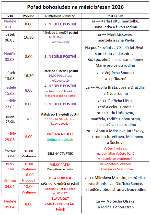 Pořad bohoslužeb na měsíc březen 2026