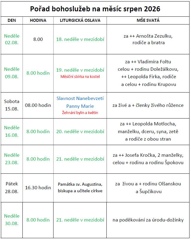 Pořad bohoslužeb na měsíc srpen 2026